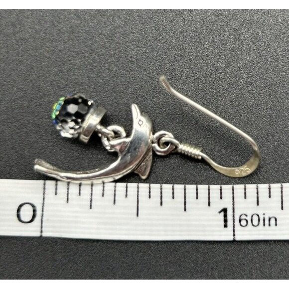 Sterling Silver Dolphin Earrings with Crystal Ball Marked 925 Dangle Drop 1/2" - Picture 5 of 5